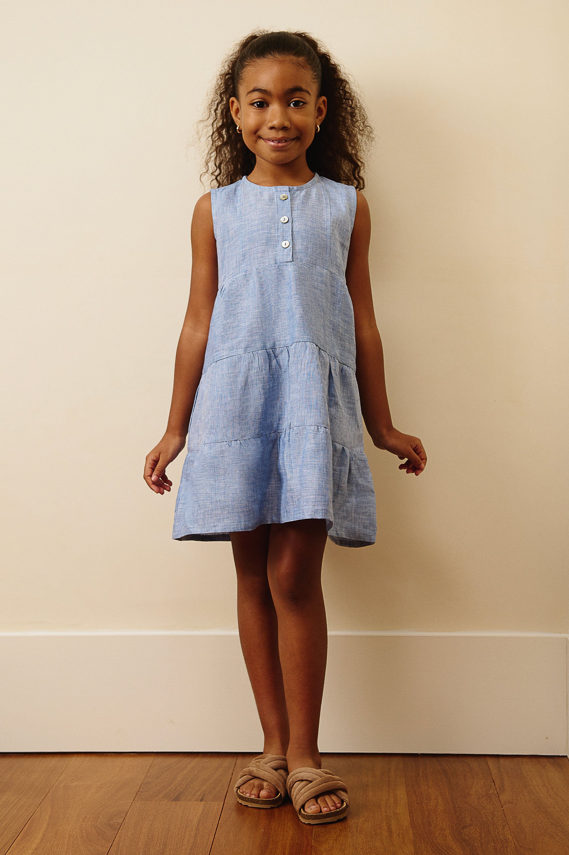 The Amalfi Button Linen Dress in Jean