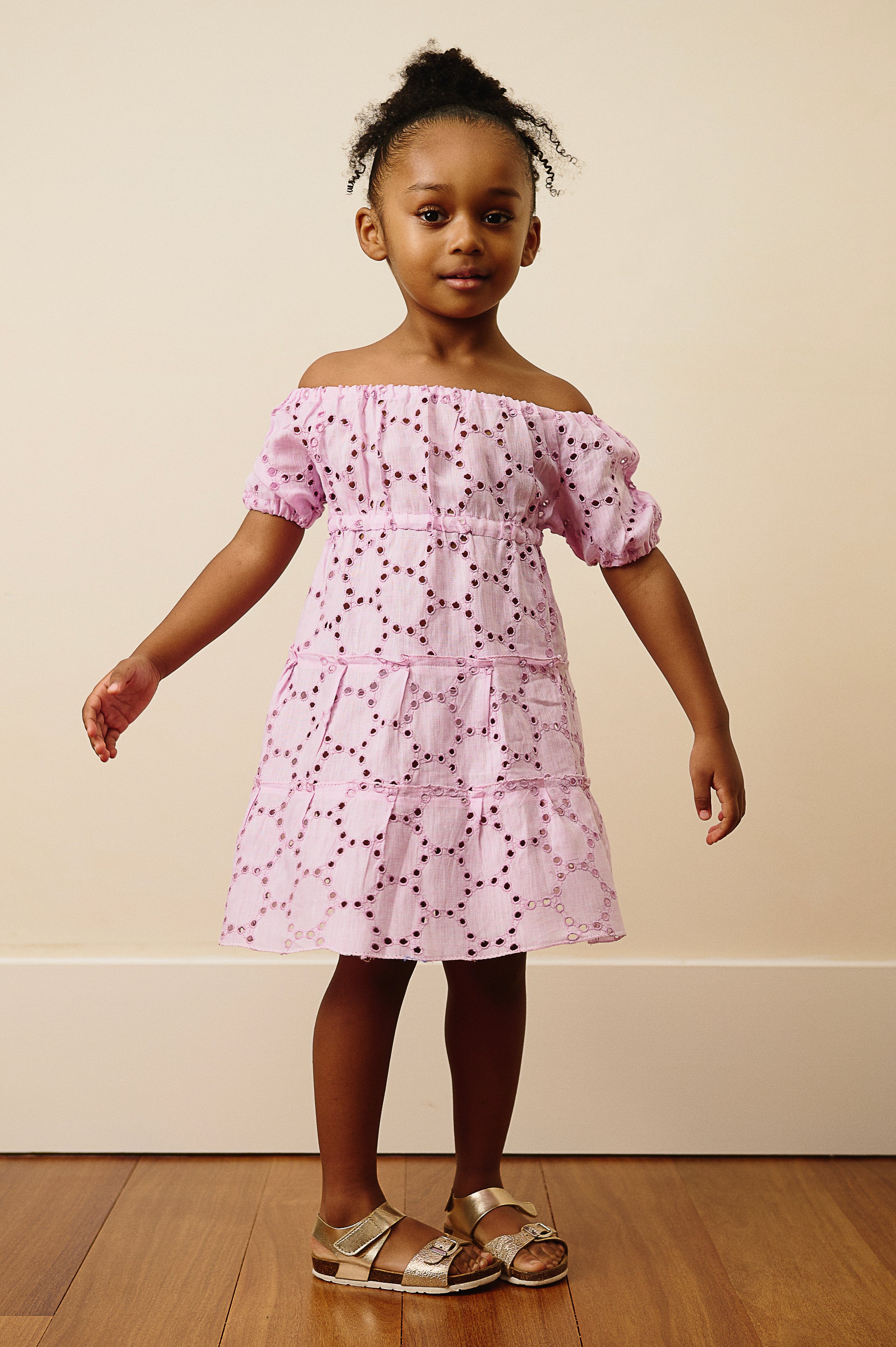 The Bella Off-Shoulder Eyelet Linen Dress in Rose