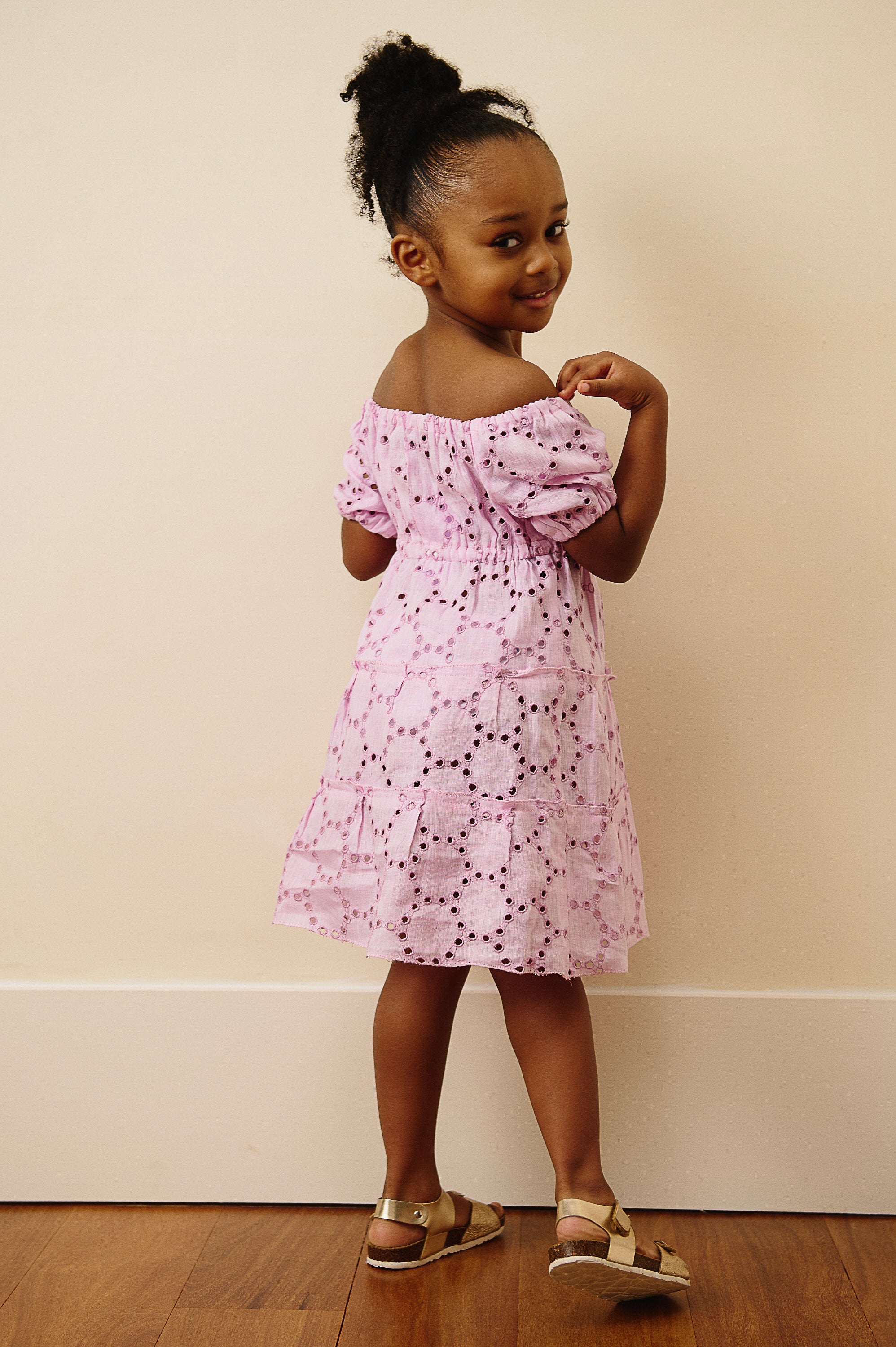 The Bella Off-Shoulder Eyelet Linen Dress in Rose