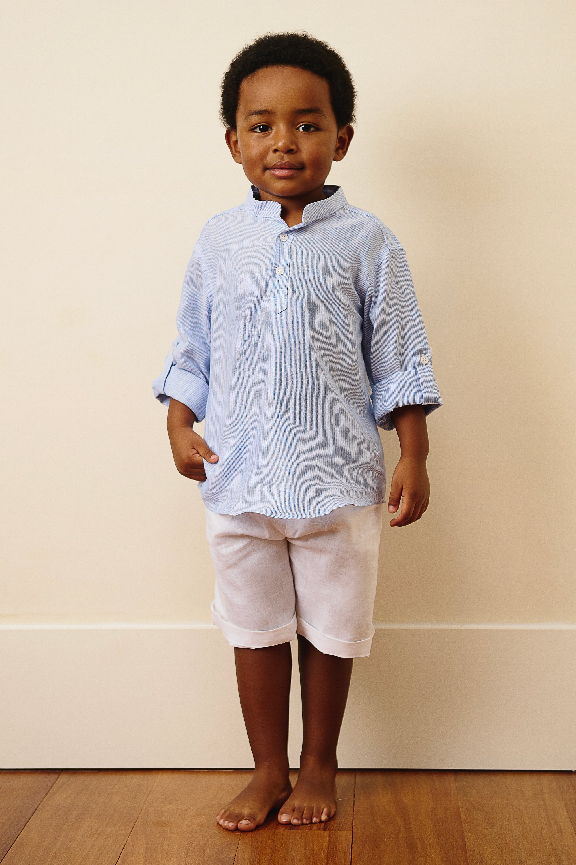 The Amalfi Mandarin Collar Linen Shirt in Thin Blue Stripes