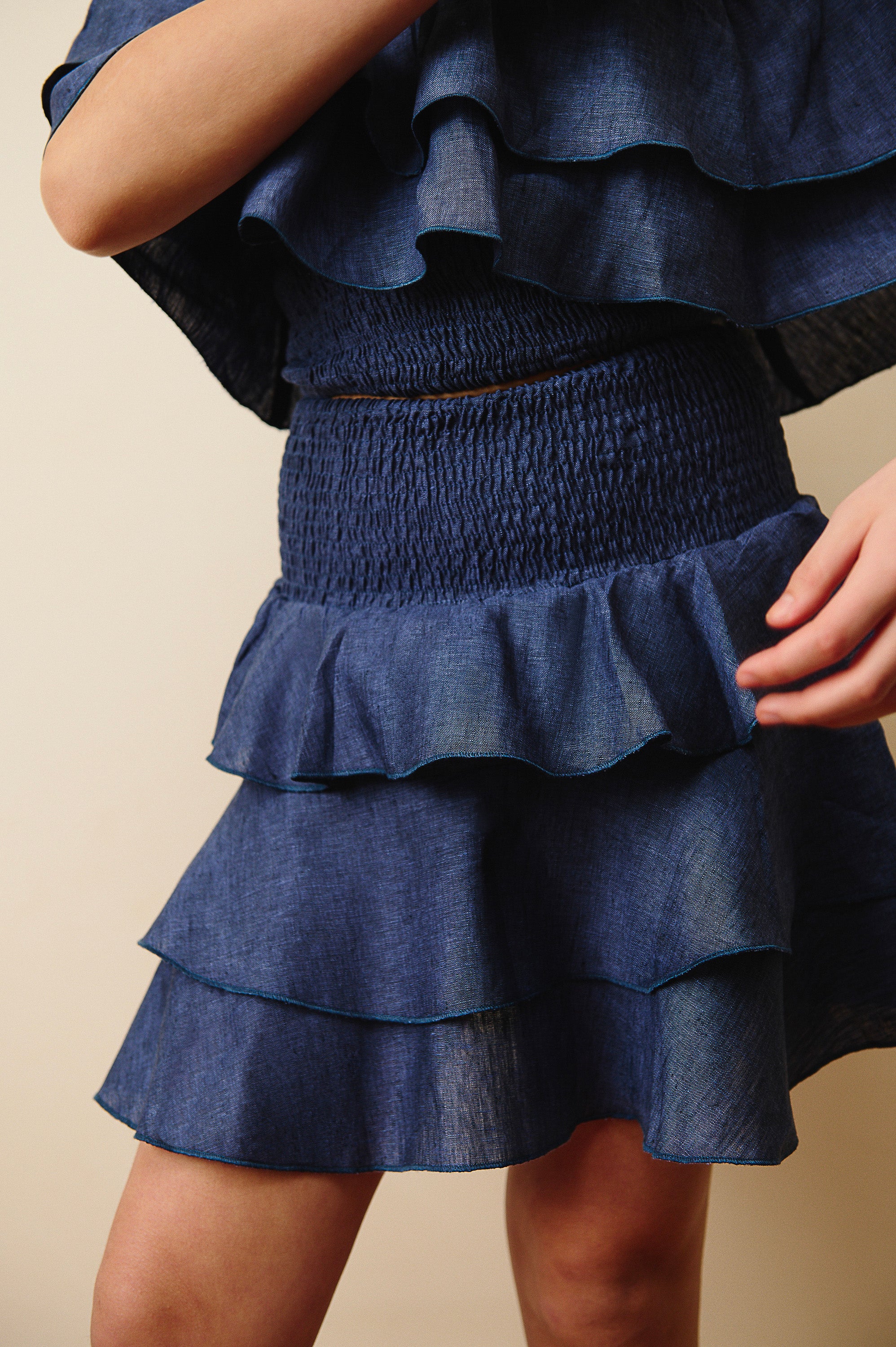 The Riviera Smocked Linen Skirt in Midnight Blue