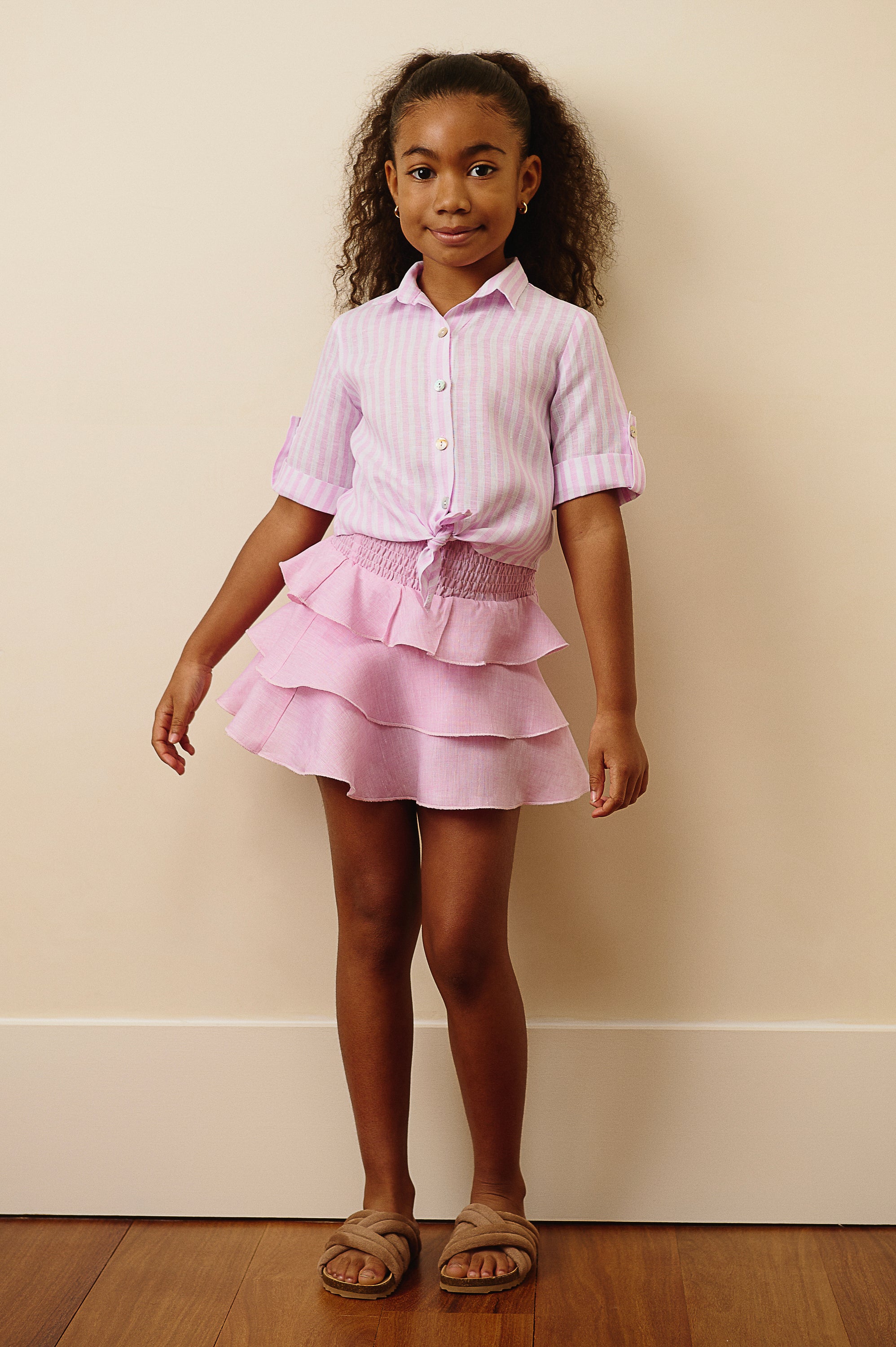 The Siena Cropped Tie Linen Shirt in Pink Stripe
