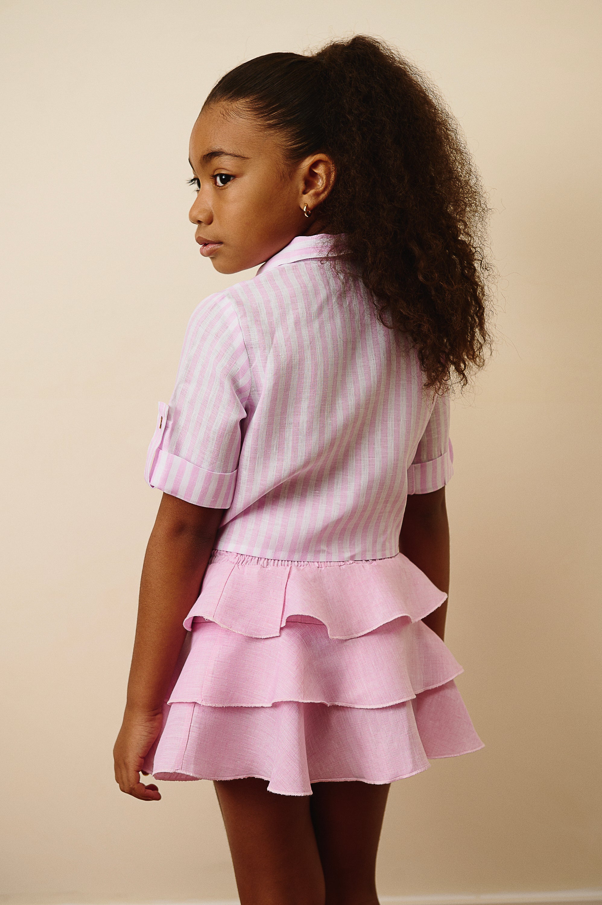 The Siena Cropped Tie Linen Shirt in Pink Stripe