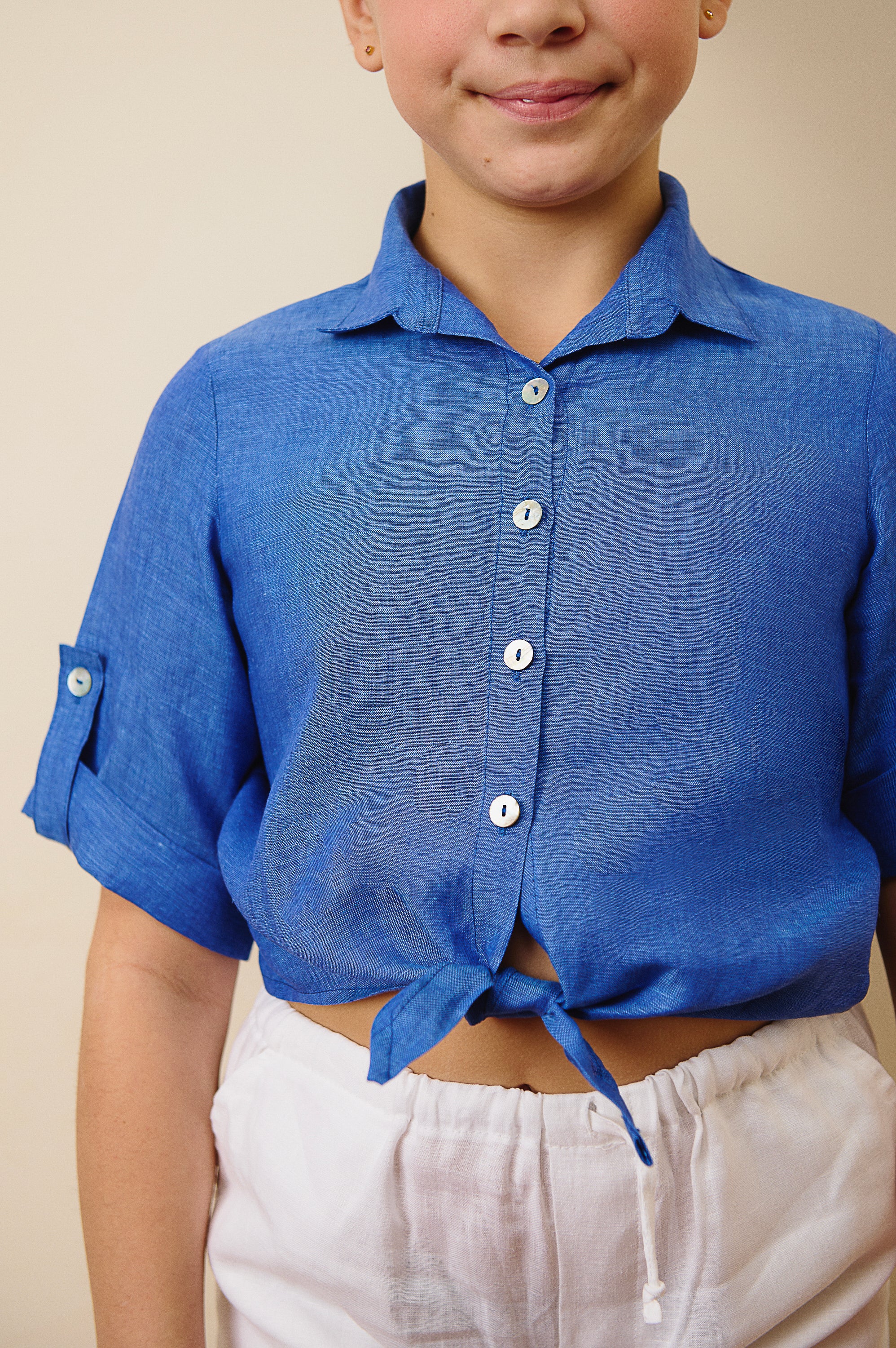 The Siena Cropped Tie Linen Shirt in Azure Blue
