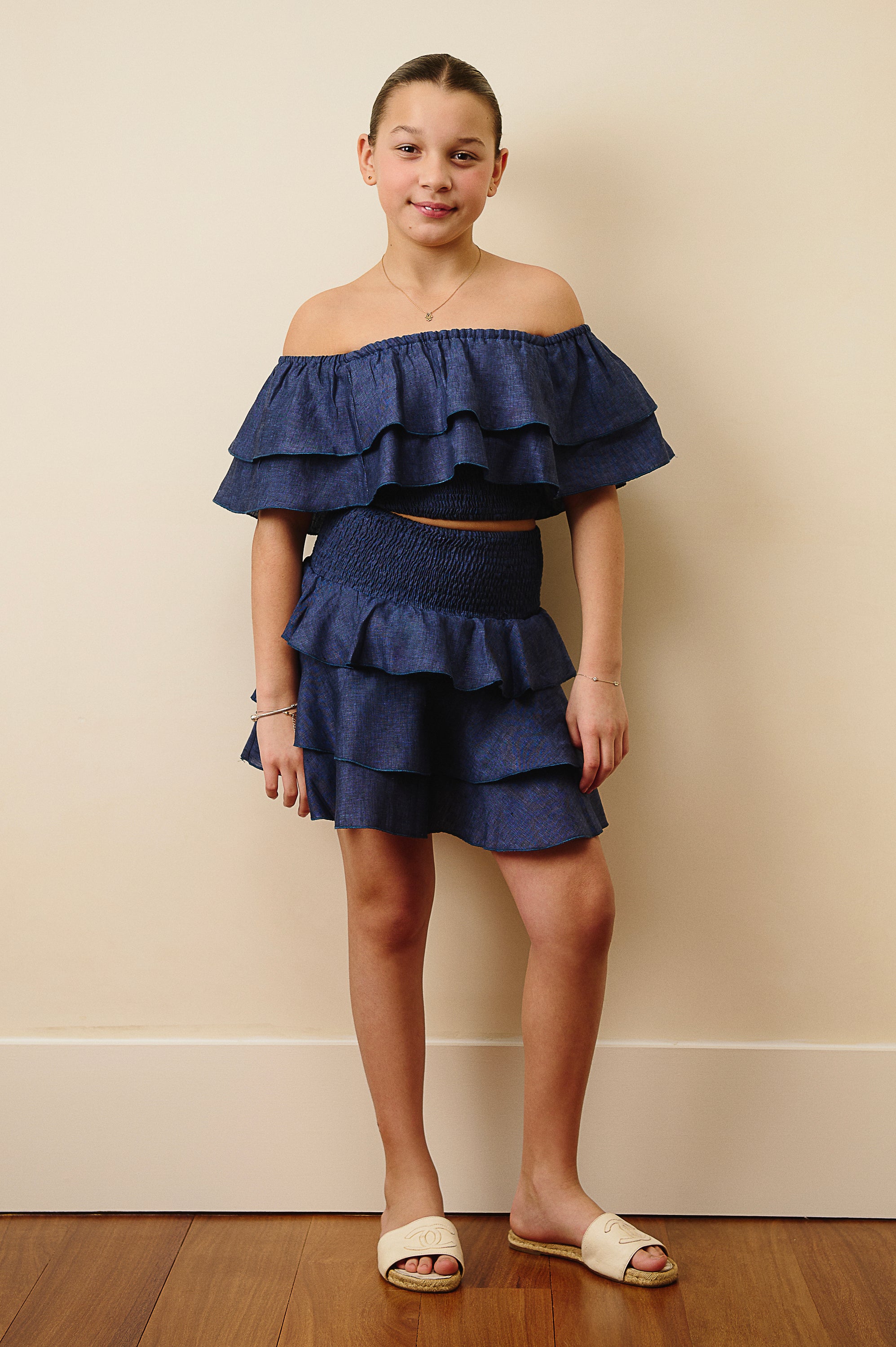 The Amalfi Off-Shoulder Linen Crop Top in Midnight Blue