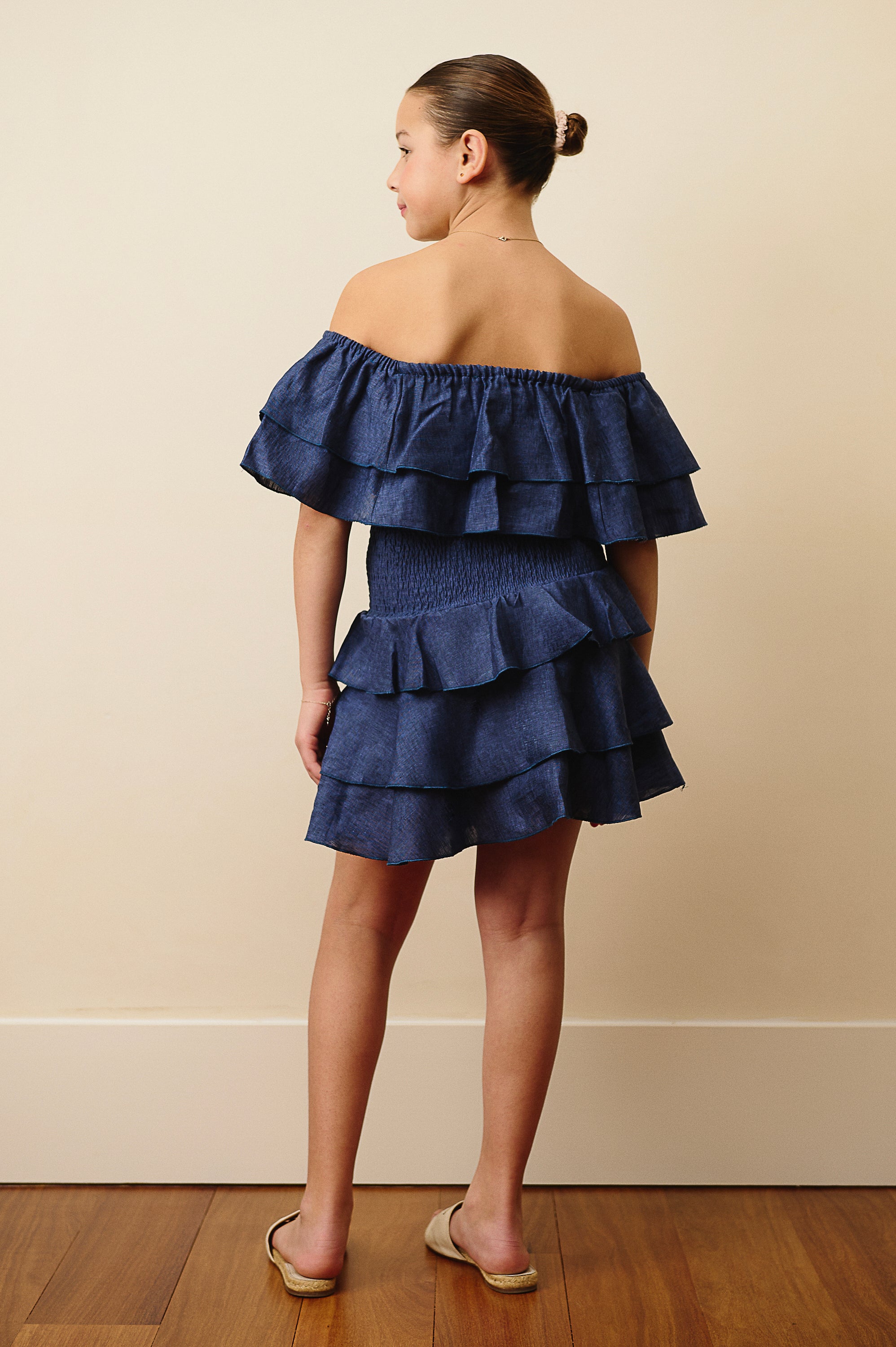The Amalfi Off-Shoulder Linen Crop Top in Midnight Blue