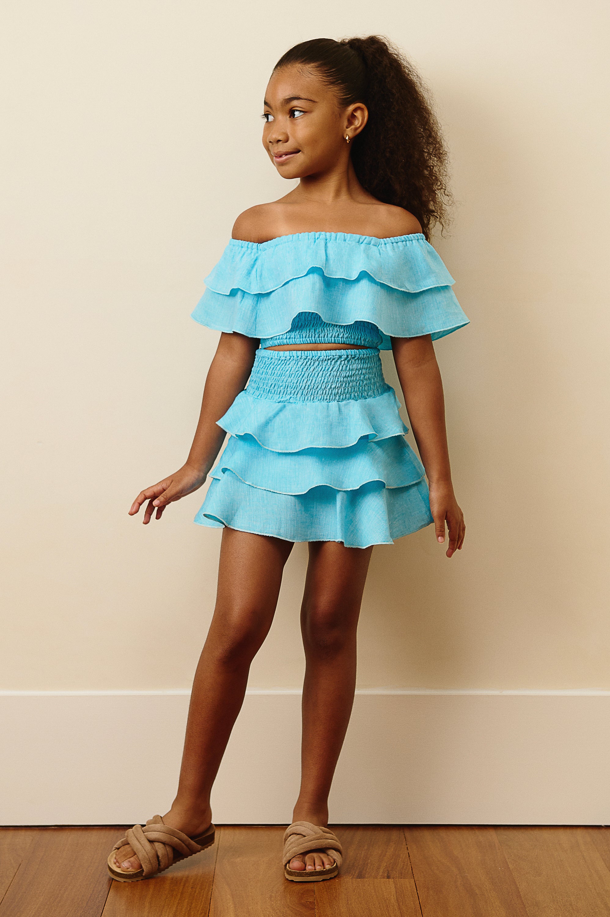 The Amalfi Off-Shoulder Linen Crop Top in Aqua Blue