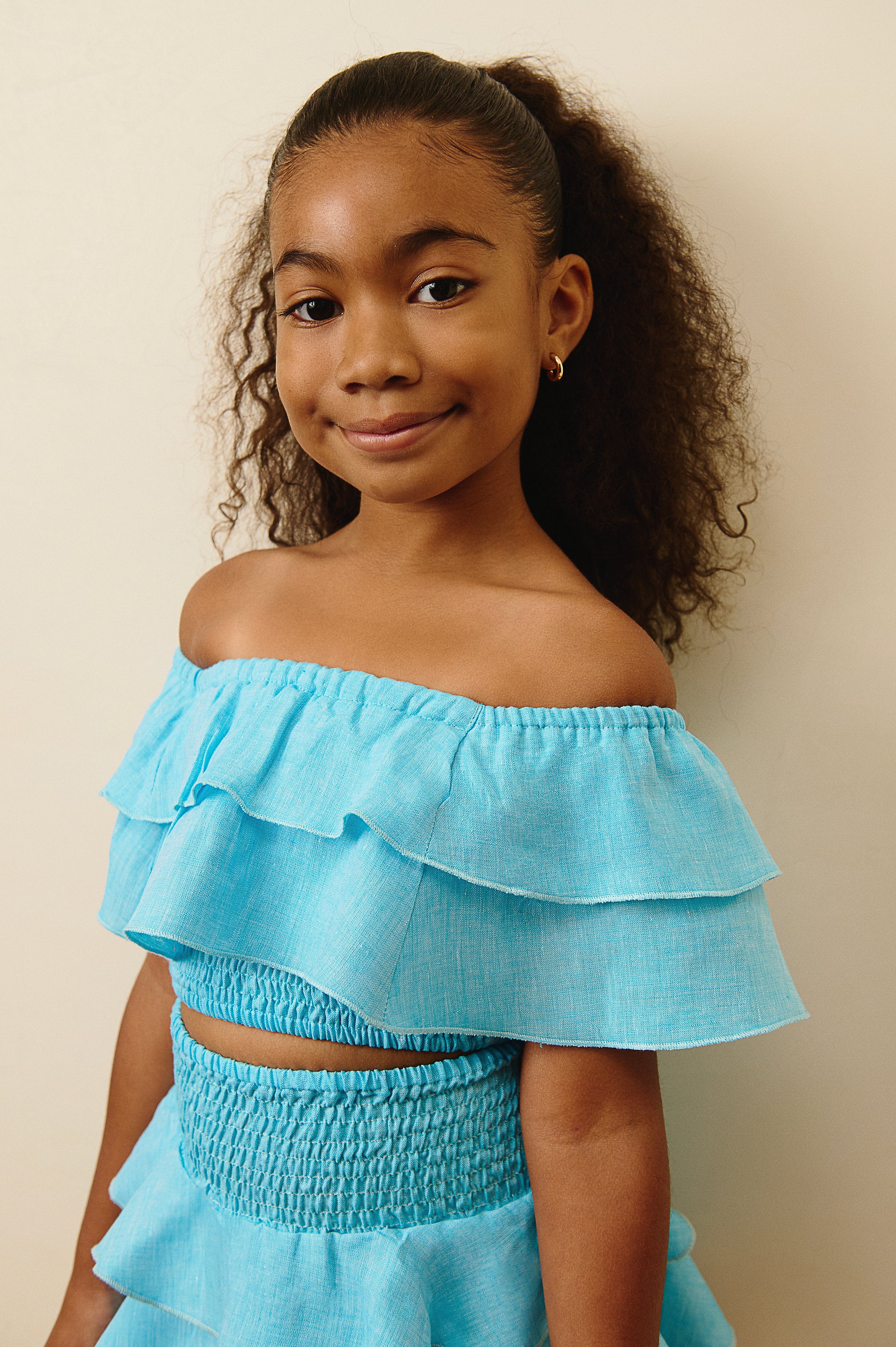 The Amalfi Off-Shoulder Linen Crop Top in Aqua Blue