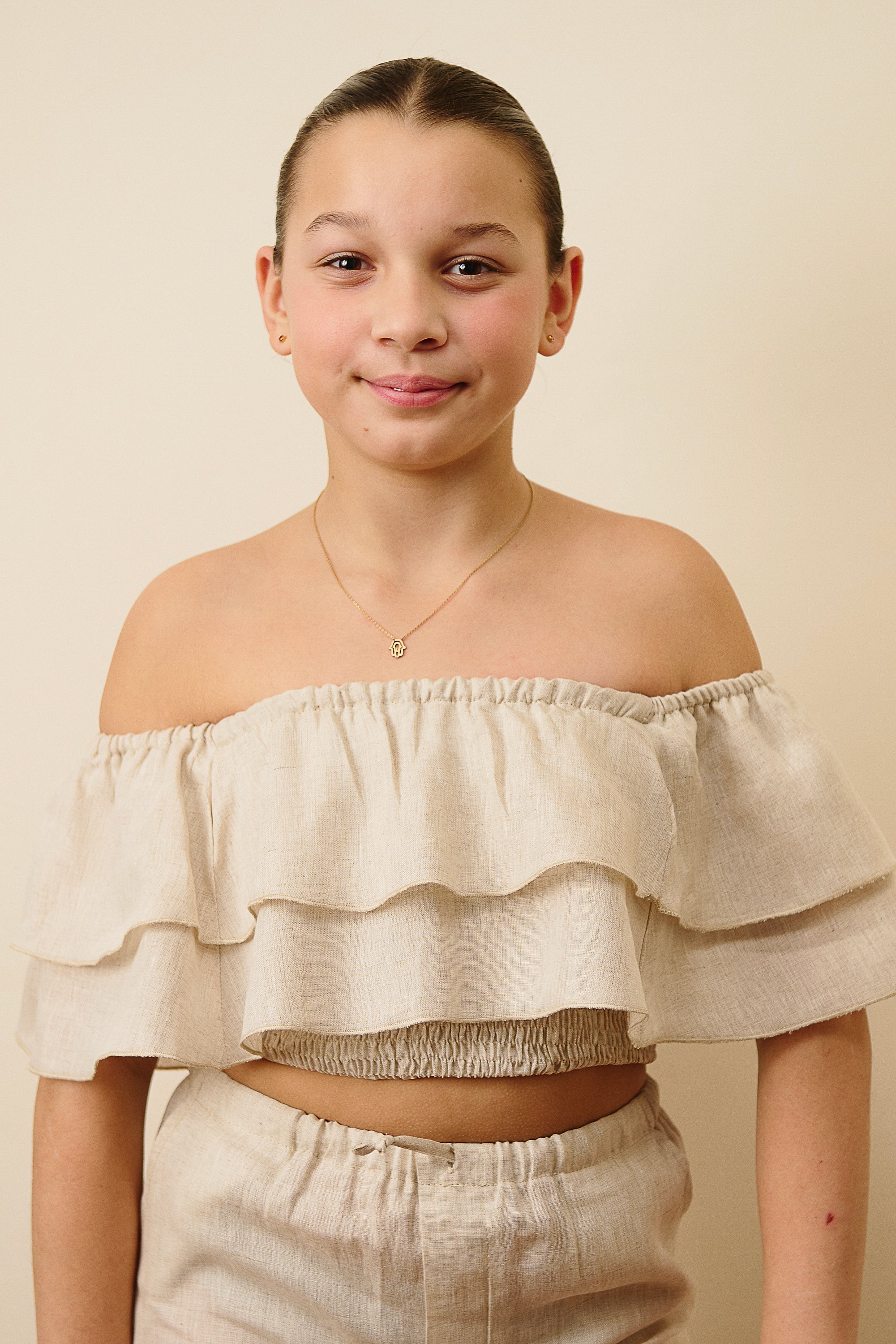 The Amalfi Off-Shoulder Linen Crop Top in Sand