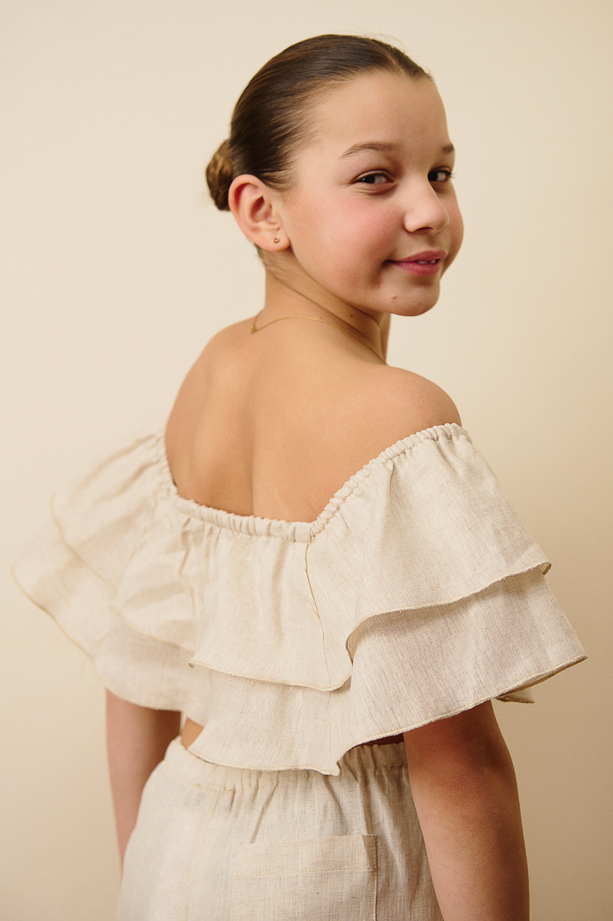 The Amalfi Off-Shoulder Linen Crop Top in Sand