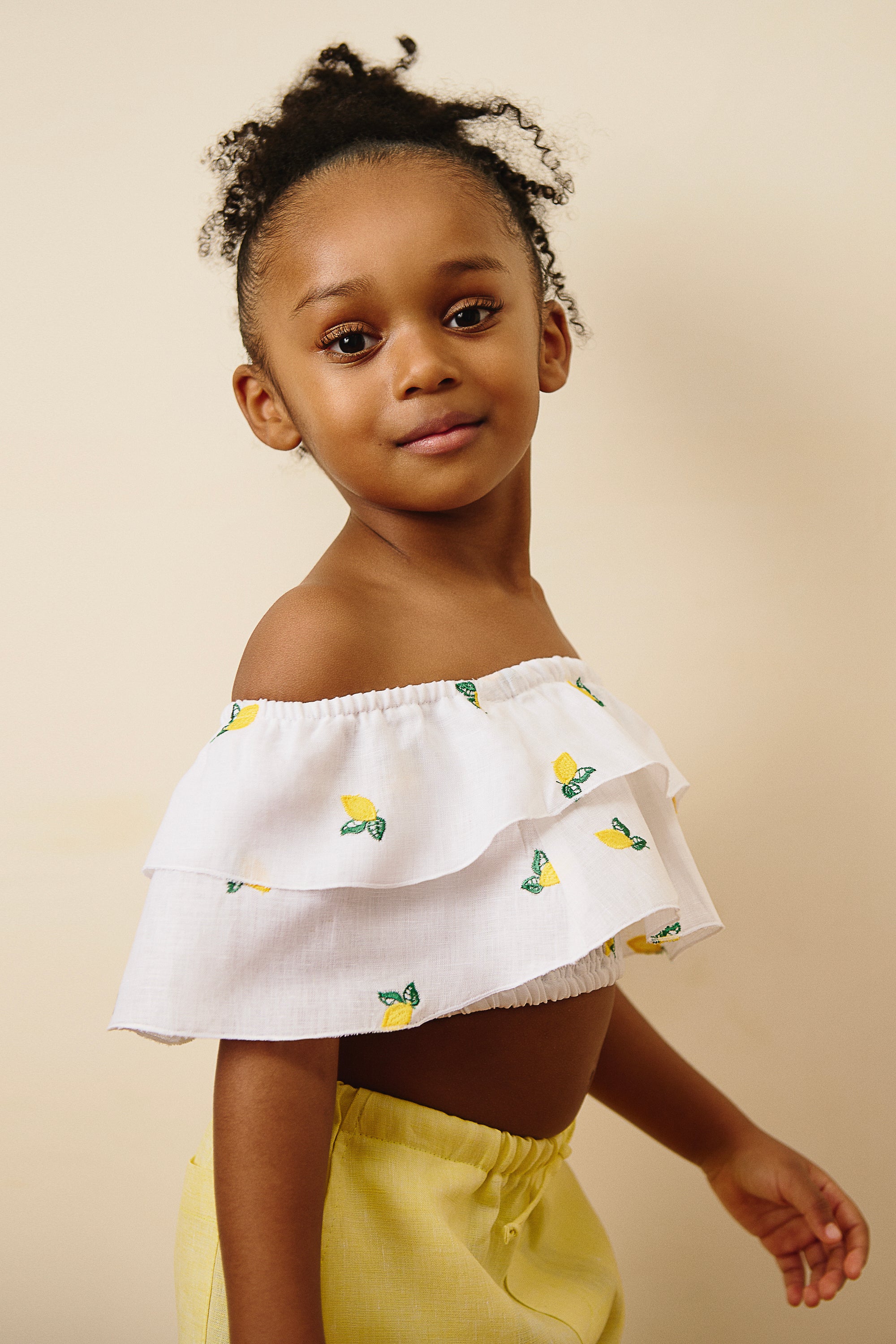The Amalfi Off-Shoulder Linen Crop Top in Lemon Embroidery