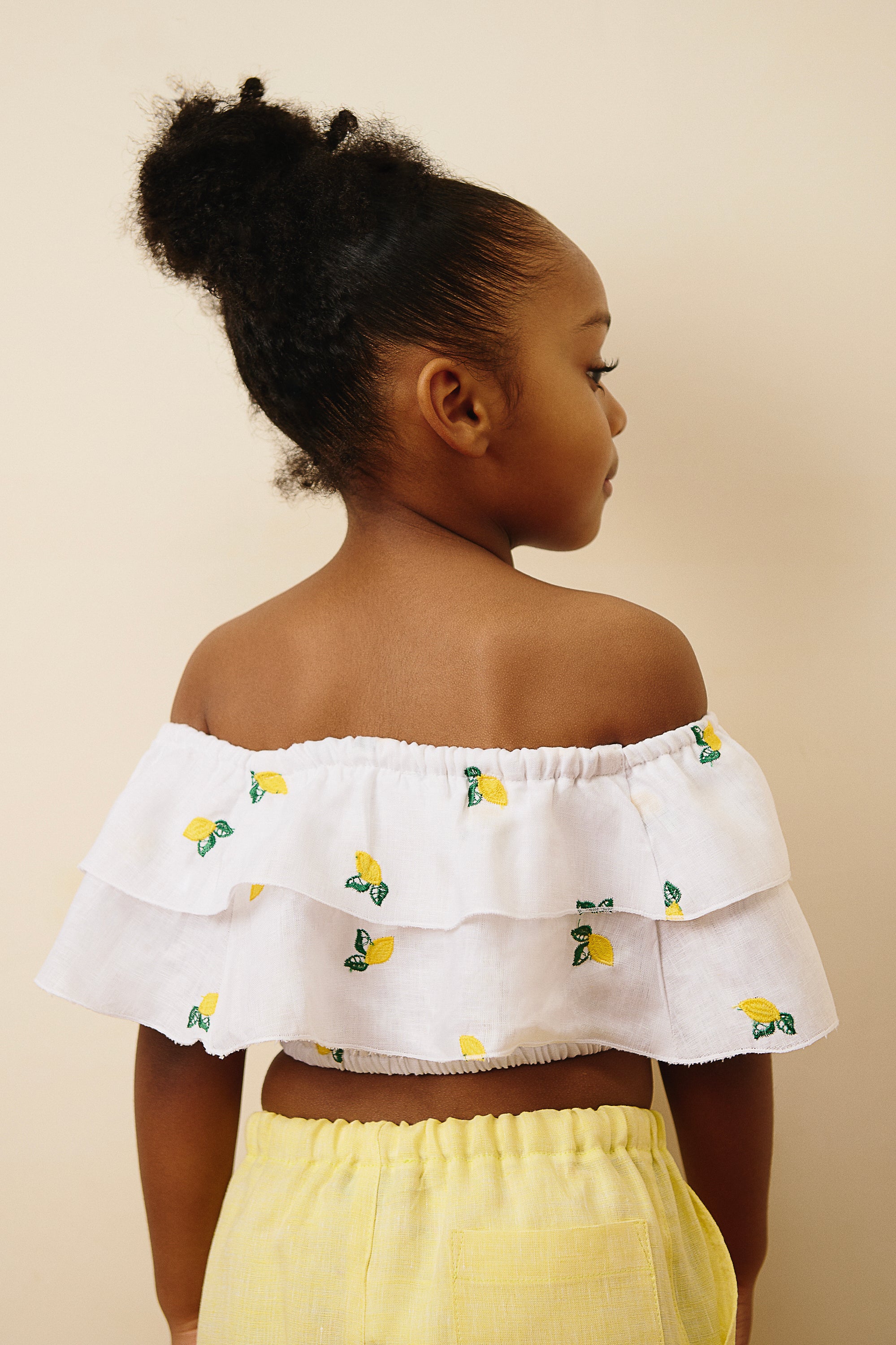 The Amalfi Off-Shoulder Linen Crop Top in Lemon Embroidery