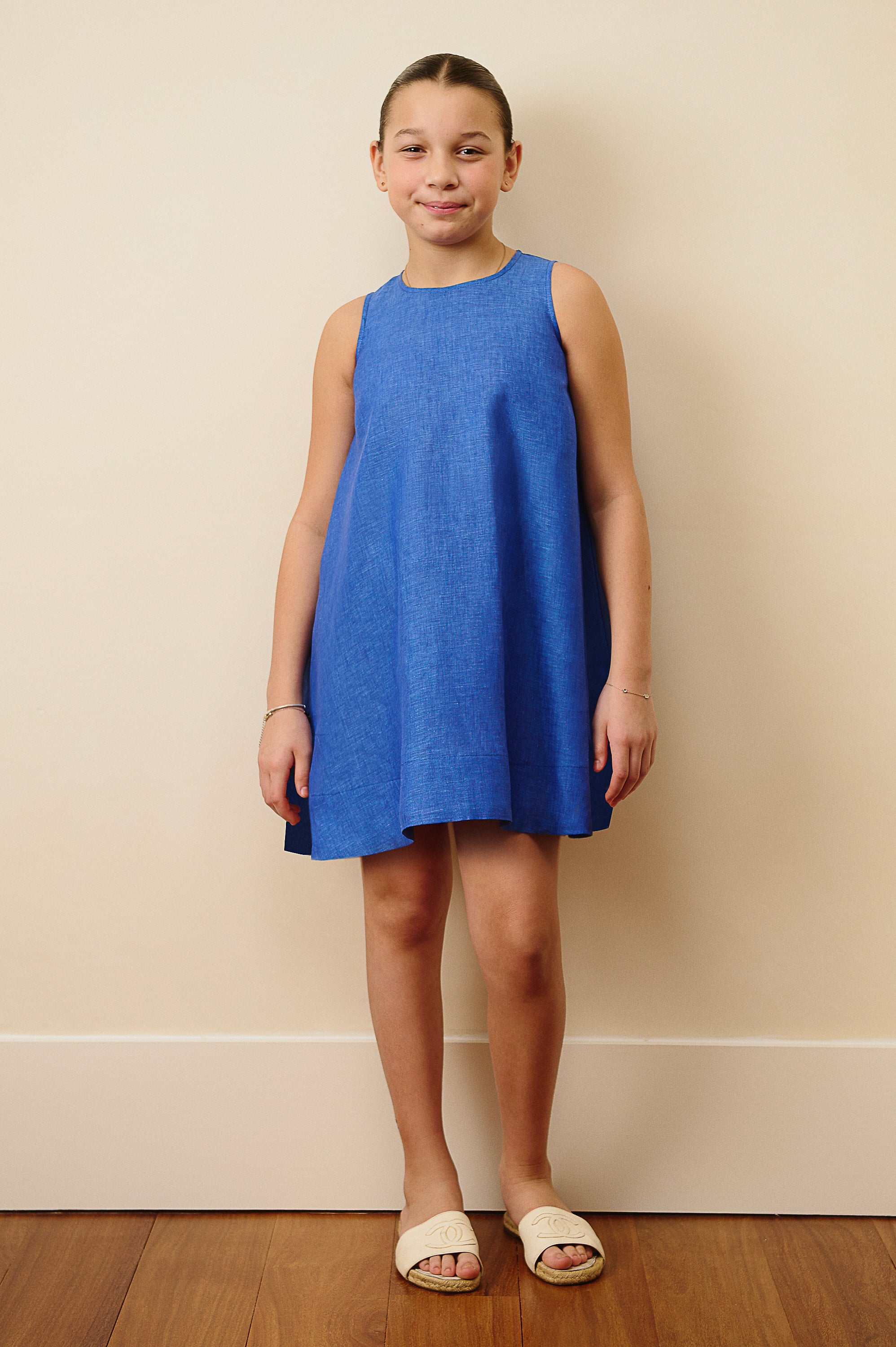 The Positano Sleeveless Linen Dress in Azure Blue