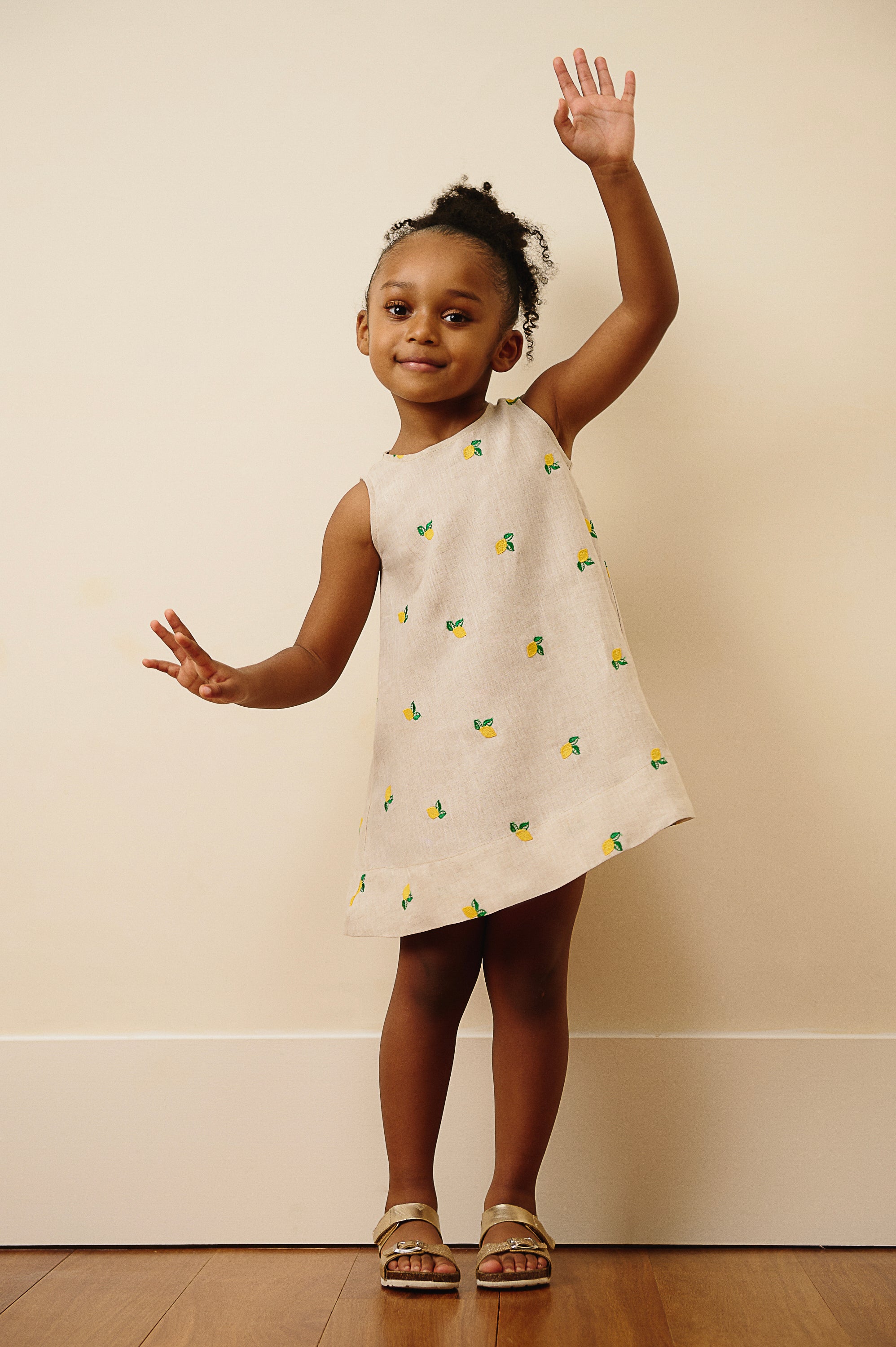 The Positano Sleeveless Linen Dress in Lemon Embroidery