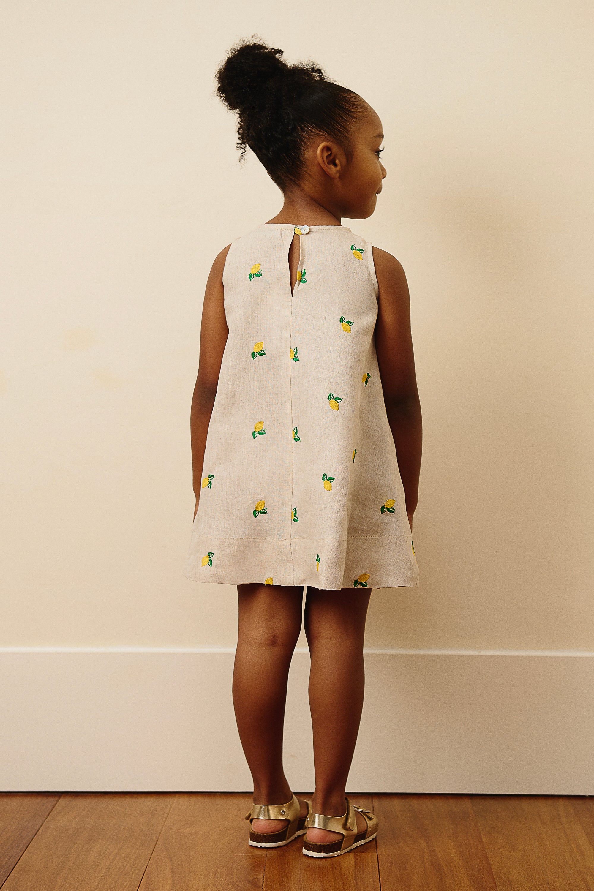 The Positano Sleeveless Linen Dress in Lemon Embroidery