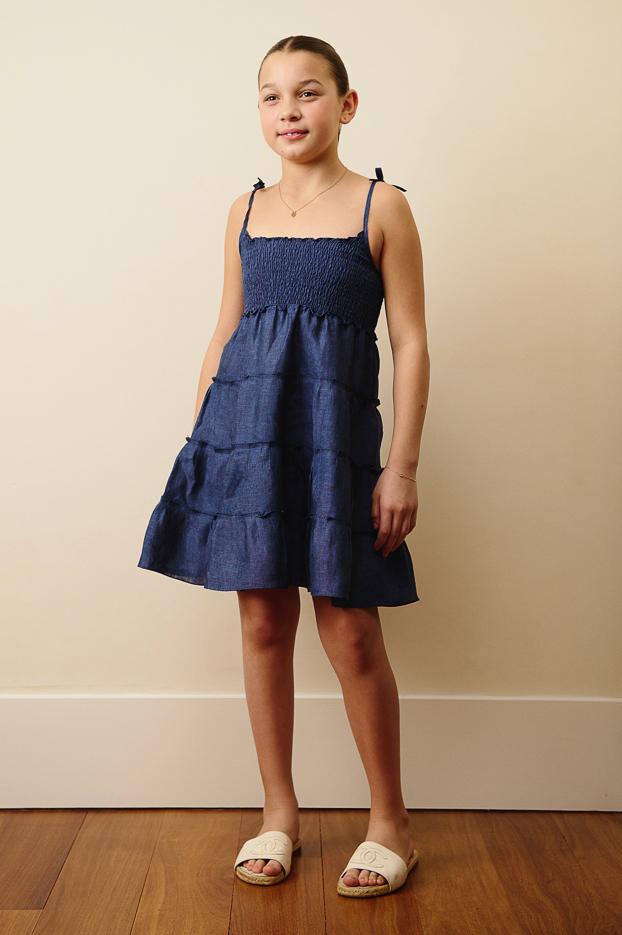 The Amalfi Smocked Linen Dress in Midnight Blue