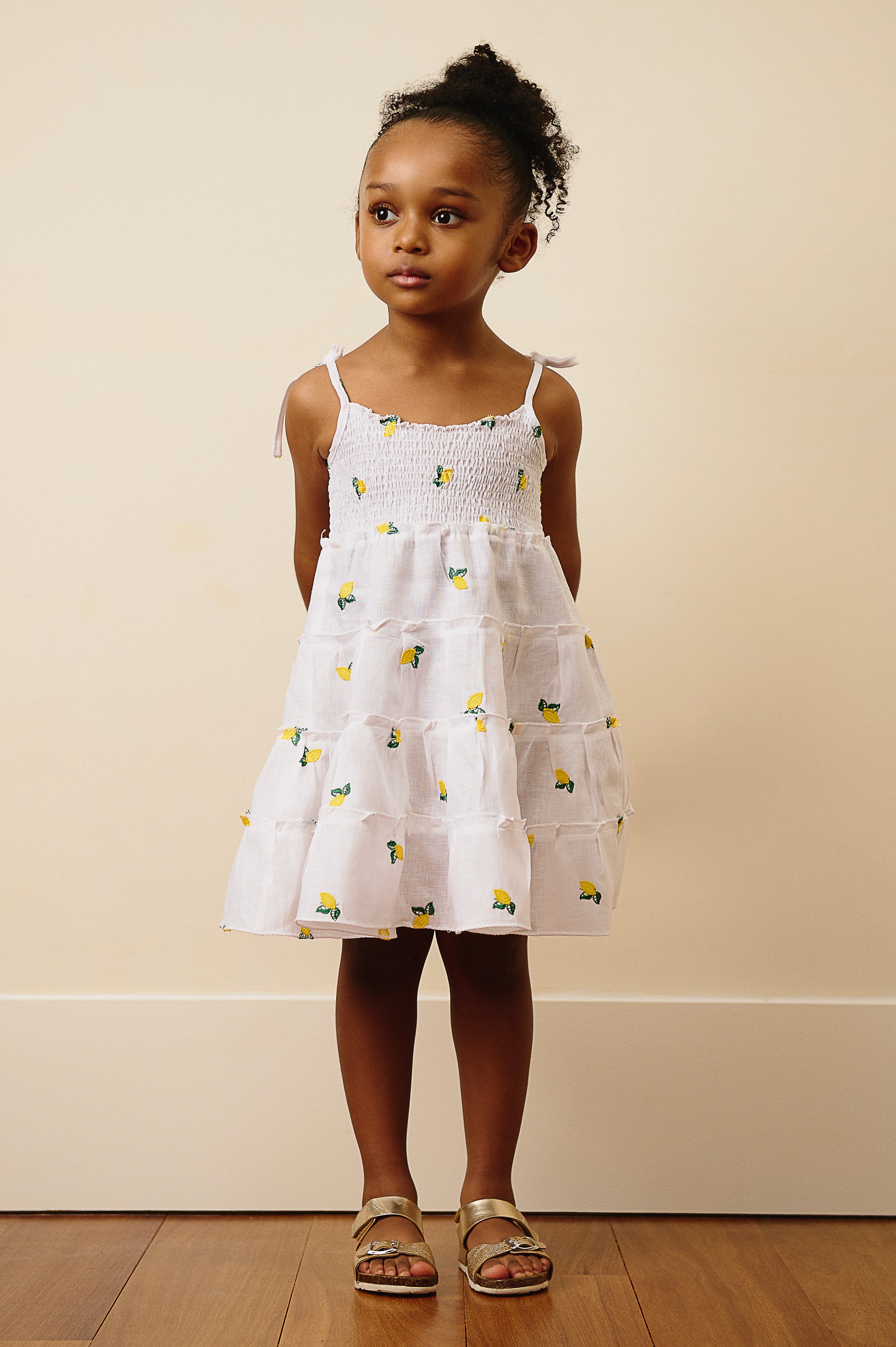 The Amalfi Smocked Linen Dress in Lemon Embroidery