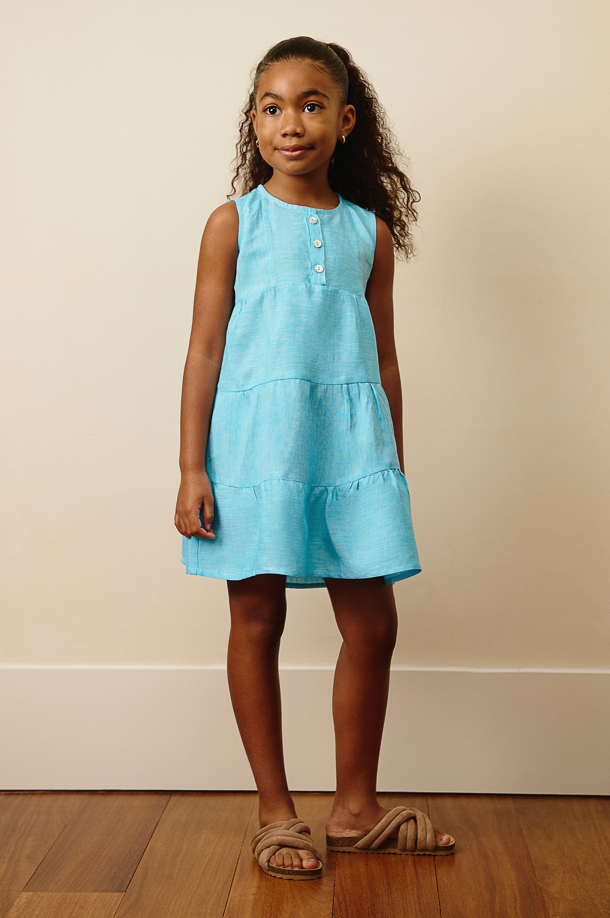 The Amalfi Button Linen Dress in Aqua Blue