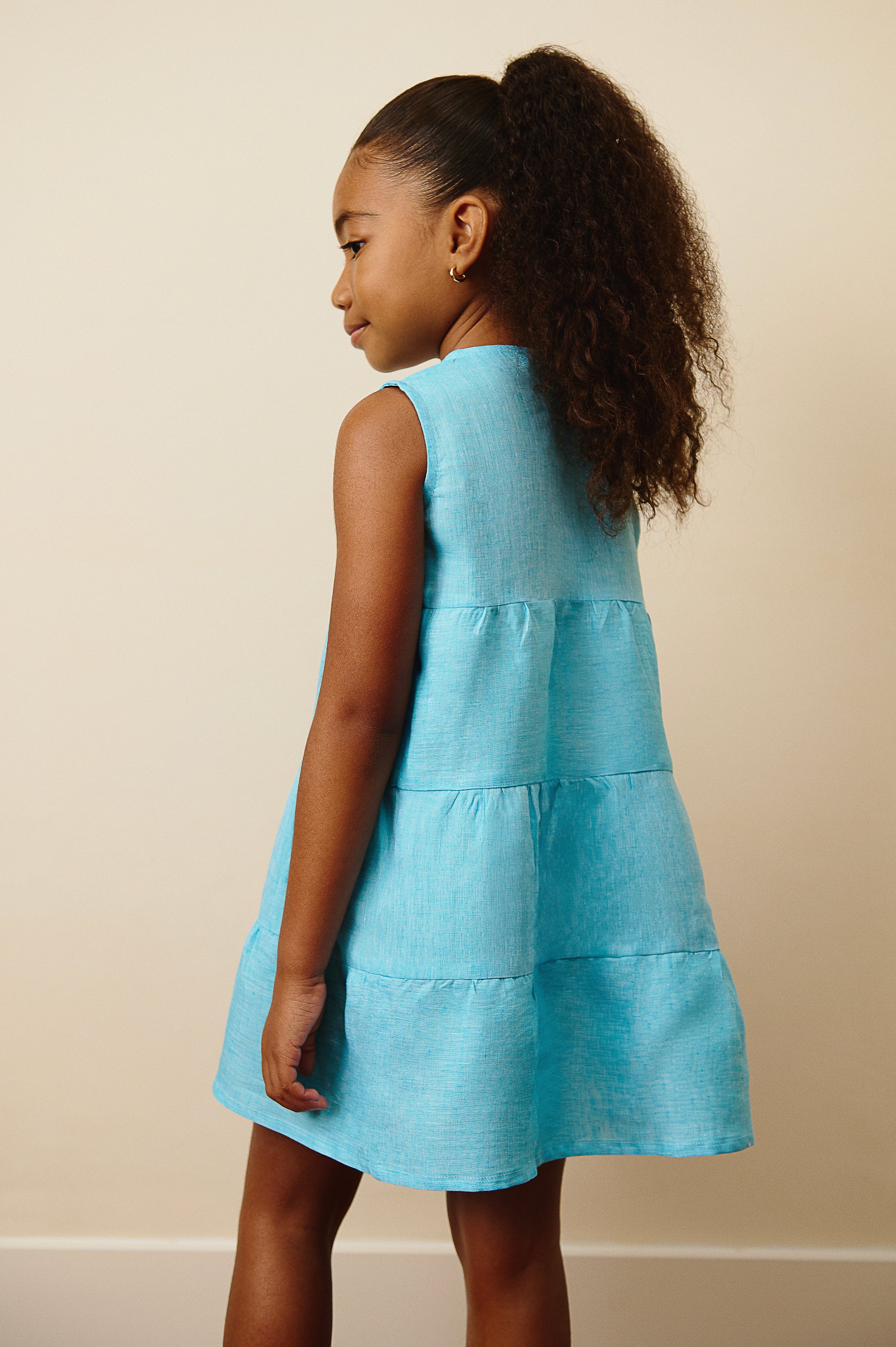 The Amalfi Button Linen Dress in Aqua Blue