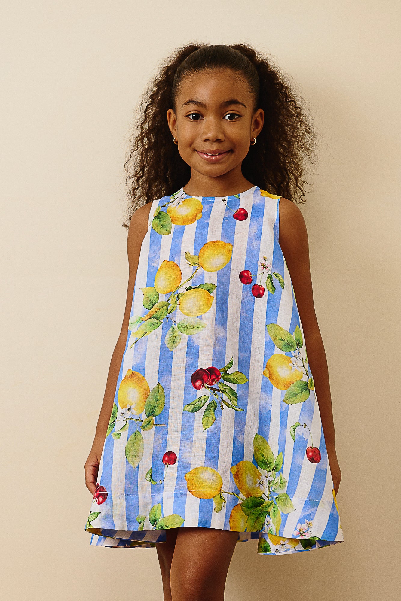 The Positano Sleeveless Linen Dress in Lemon & Cherry Print