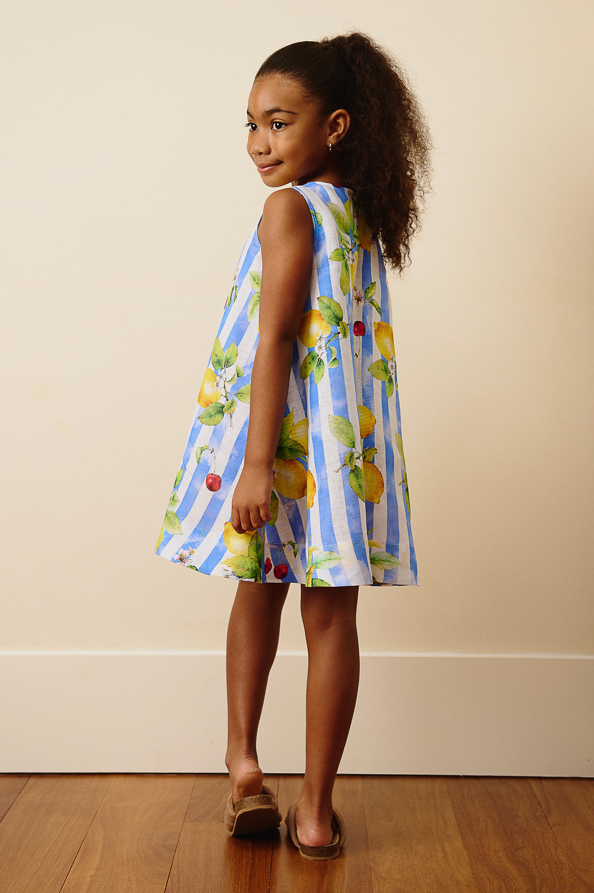 The Positano Sleeveless Linen Dress in Lemon & Cherry Print