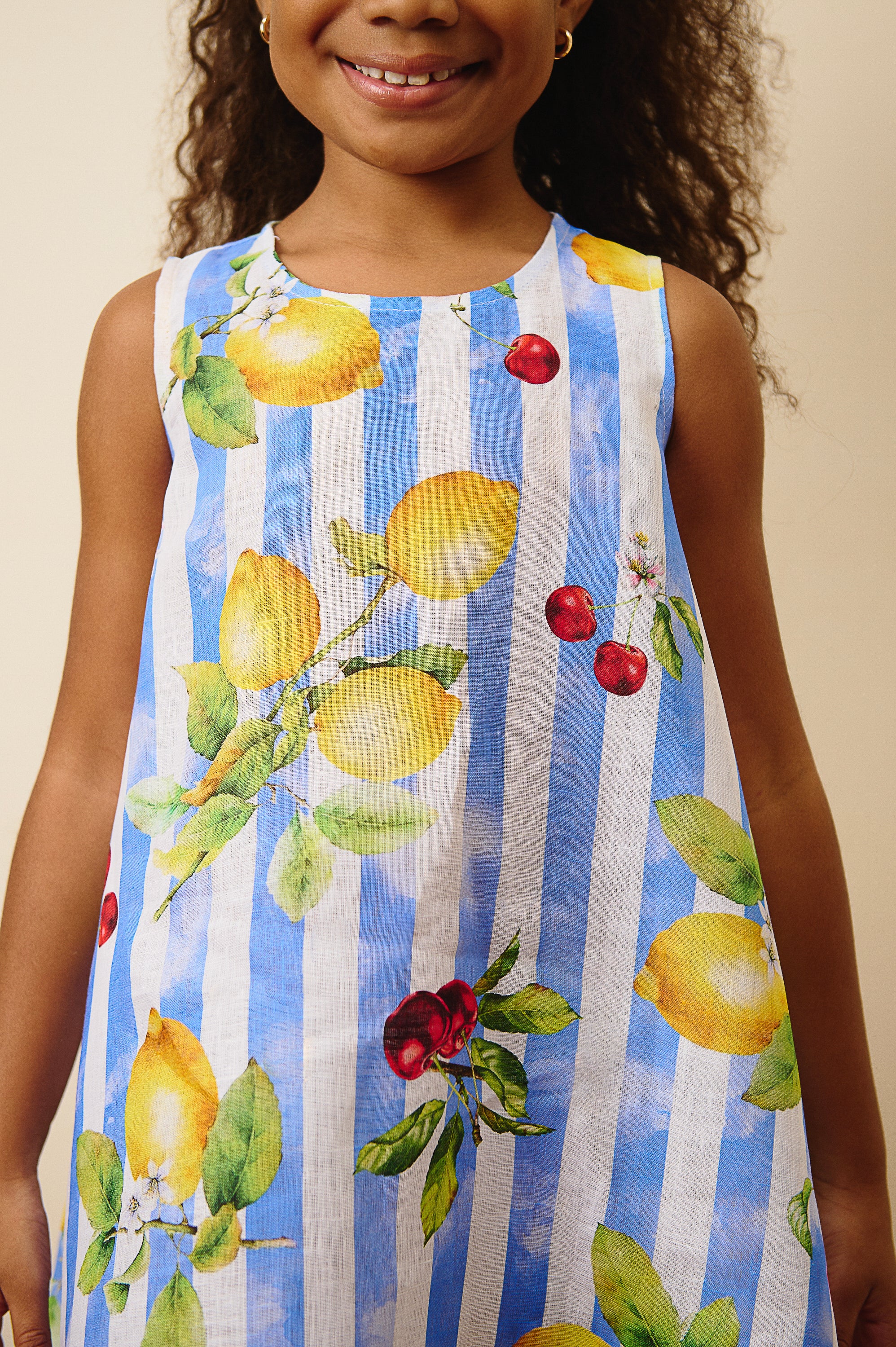 The Positano Sleeveless Linen Dress in Lemon & Cherry Print